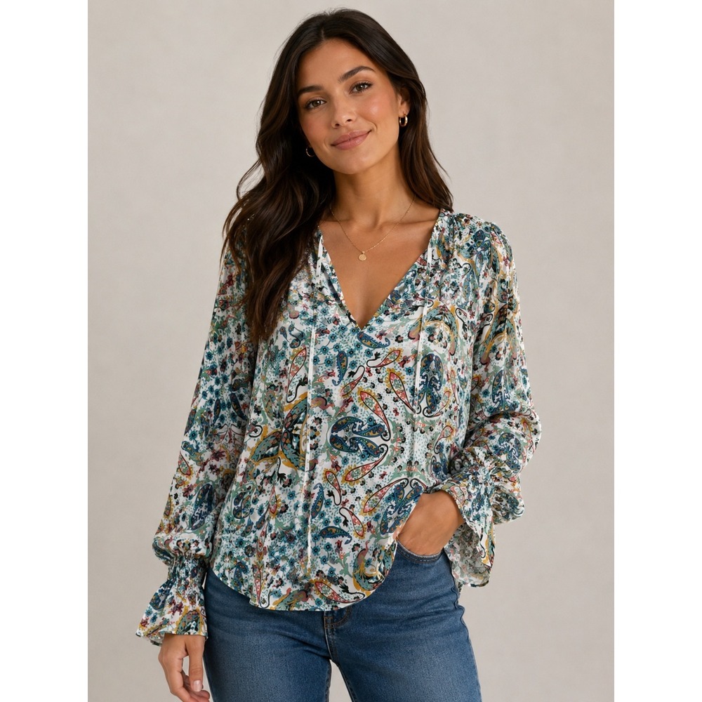 Belle Sky Womens XL Paisley Floral V-Neck Blouse Long Sleeve Smocked Cuff Top XL